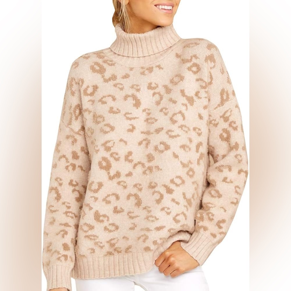 Fate M Brown Animal Print Turtleneck Soft Sweater